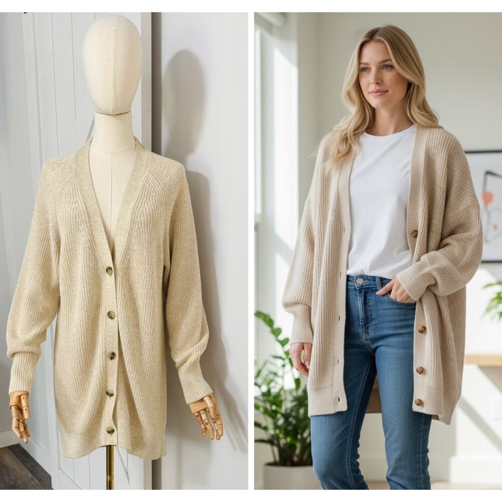 COS Women’s Size Xs Long Knit MIDI Cardigan 100% Organic Cotton Heather Beige